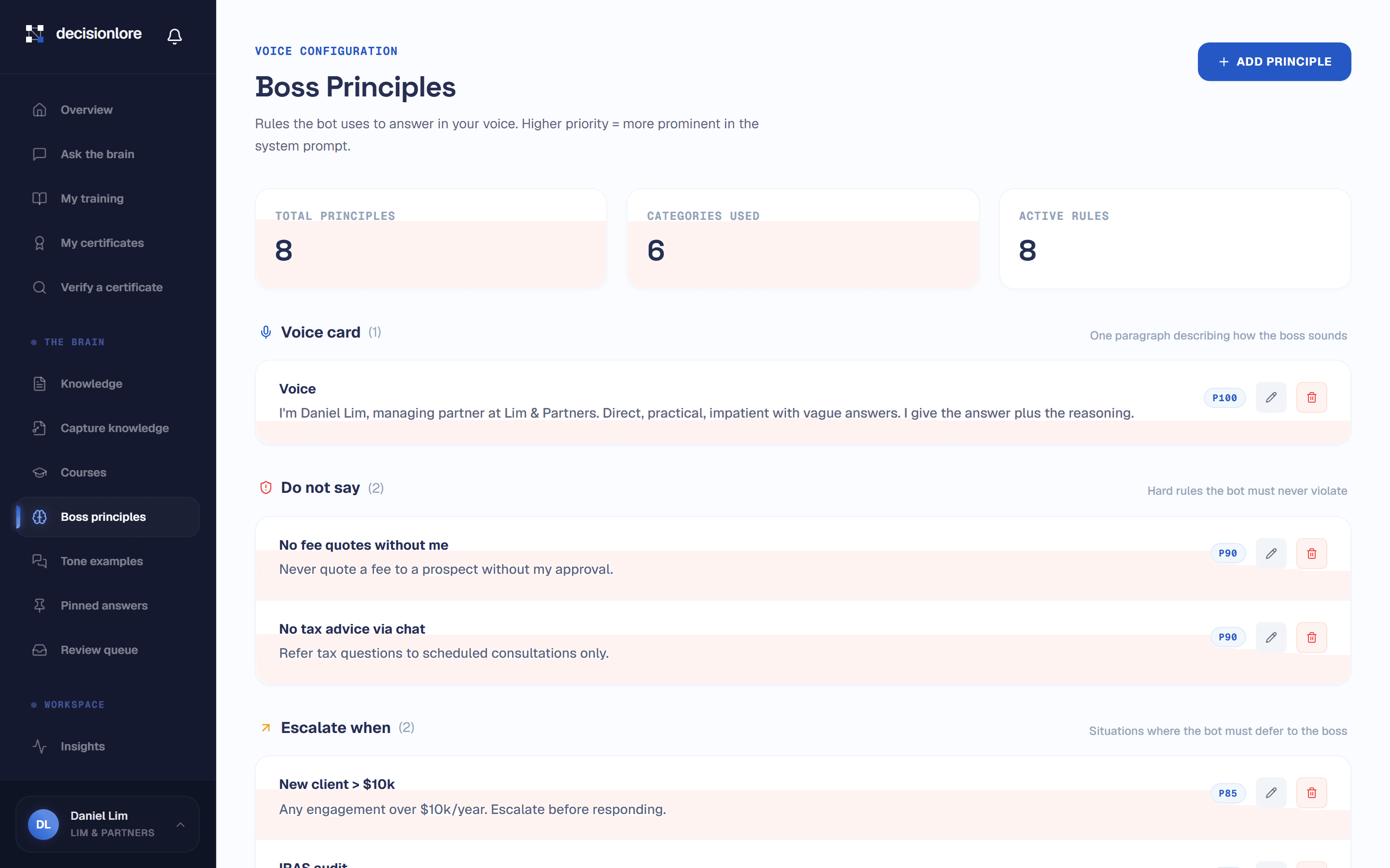 The boss principles screen, showing the captured voice card and the start of the do-not-say rules the assistant answers by, each with a priority weight.