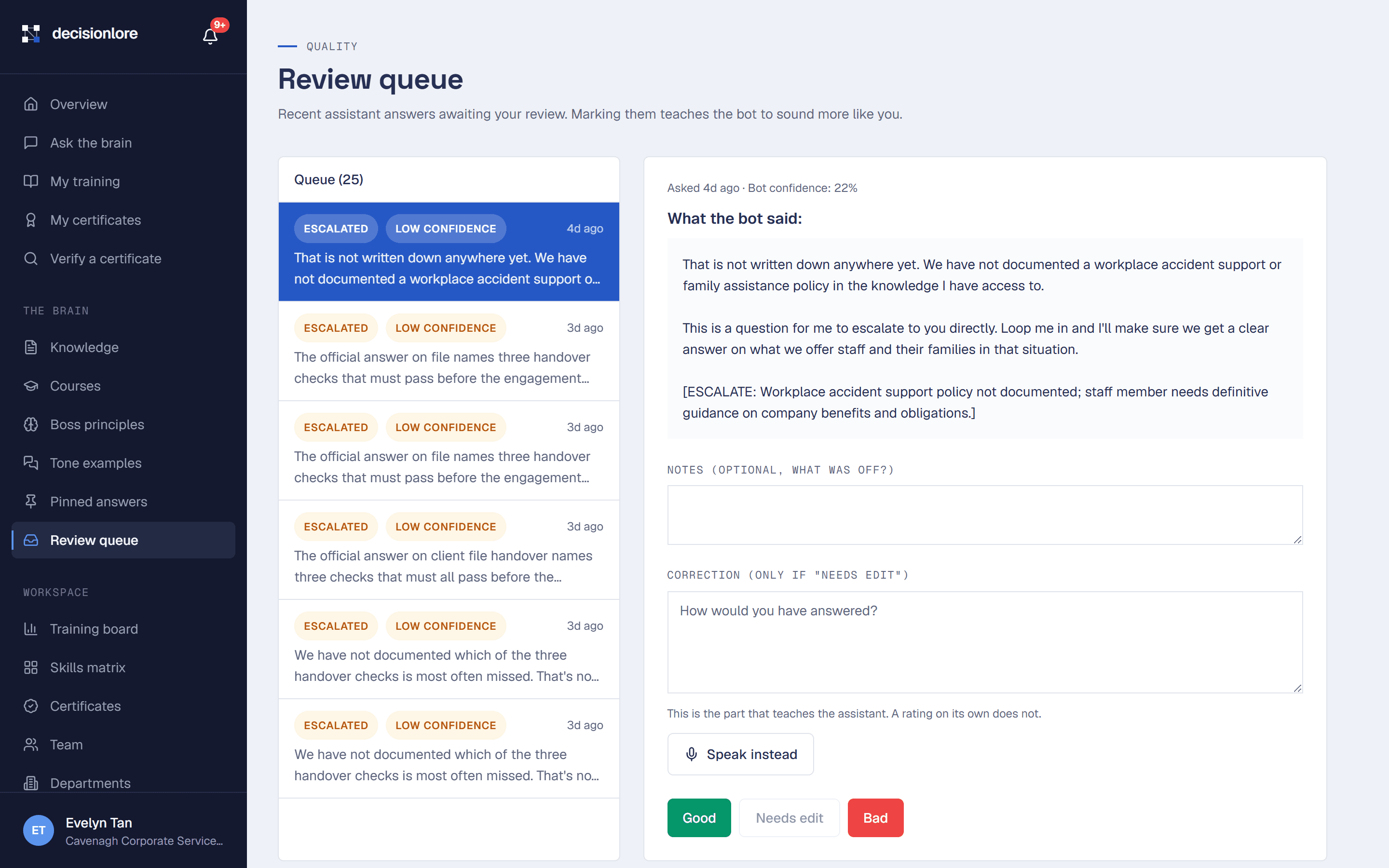 The review queue, showing an escalated, low-confidence answer awaiting the owner's mark, with the assistant's full reply and a field to correct it.