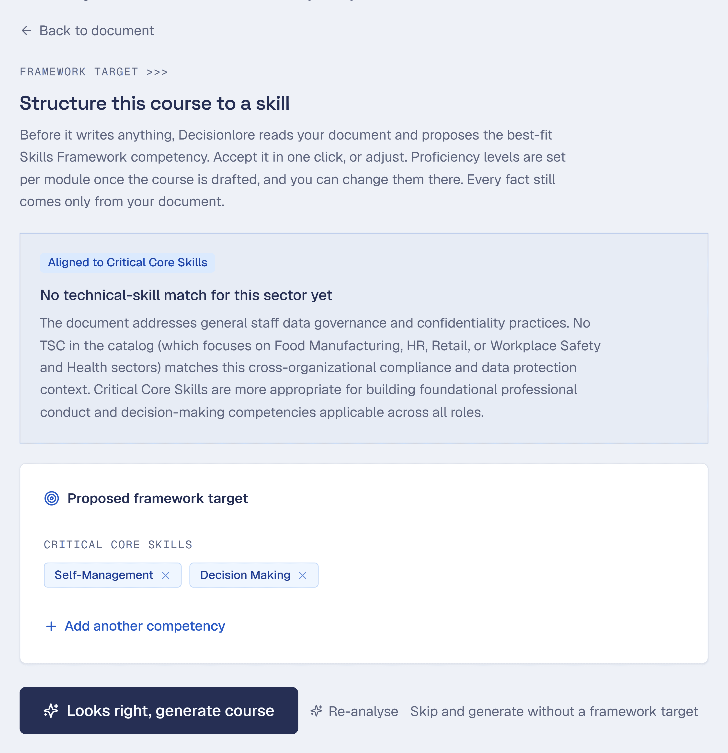 The framework target step, showing the Skills Framework competency Decisionlore proposes for the uploaded document, with the proficiency level and its responsibility and autonomy descriptors.